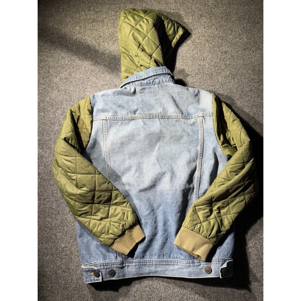 Refinery Republic Mens Denim Jacket Quilted Hooded Sleeves Blue Olive Green M